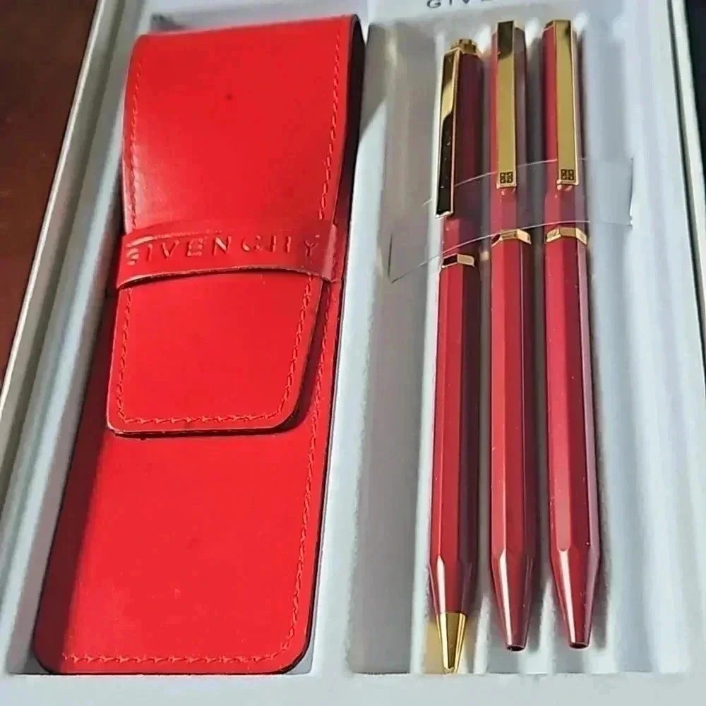 Givenchy Red Ballpoint Pens and Pencil set with Case & Original Box (Black ink)